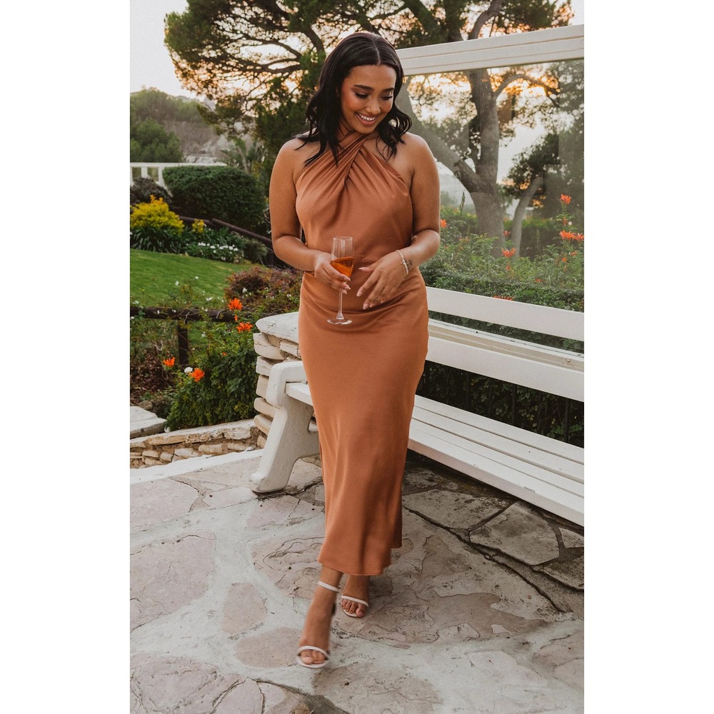 305 Show Me Your Mumu Jasmine Halter Midi Dress Copper Bronze Satin (XL, EUC)